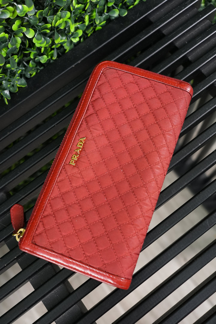 Prada Red Nylon Quilted L Zip Wallet (346)