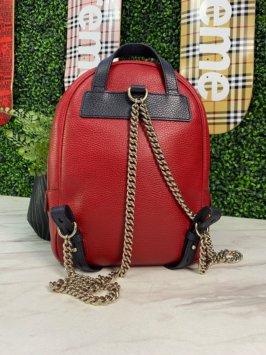 Gucci Red Pebbled Leather Soho Chain Backpack (0969)