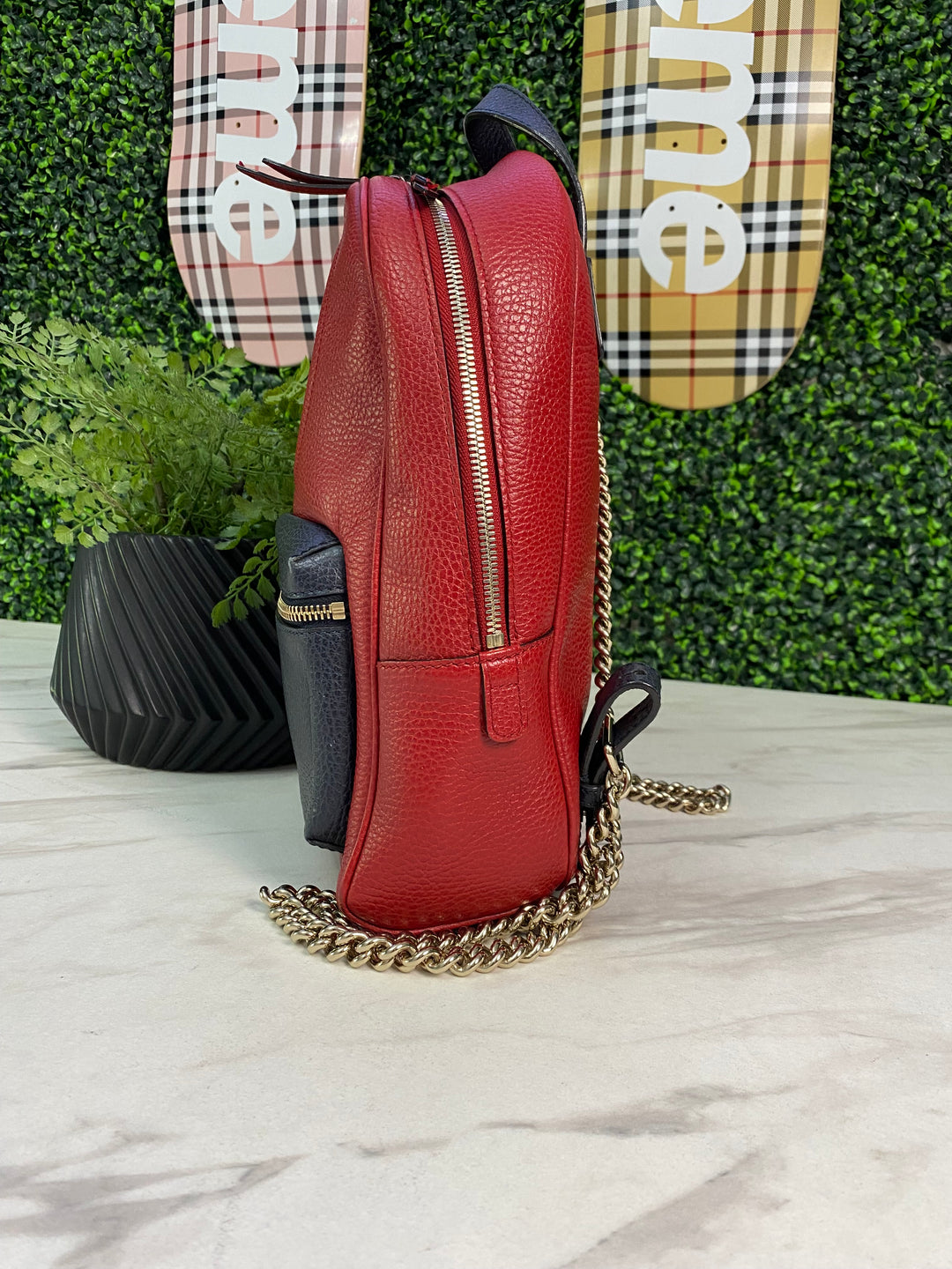 Gucci Red Pebbled Leather Soho Chain Backpack (0969)