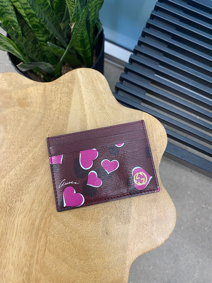 Gucci Burgundy Leather Heartbeat Print Cardholder (4029)