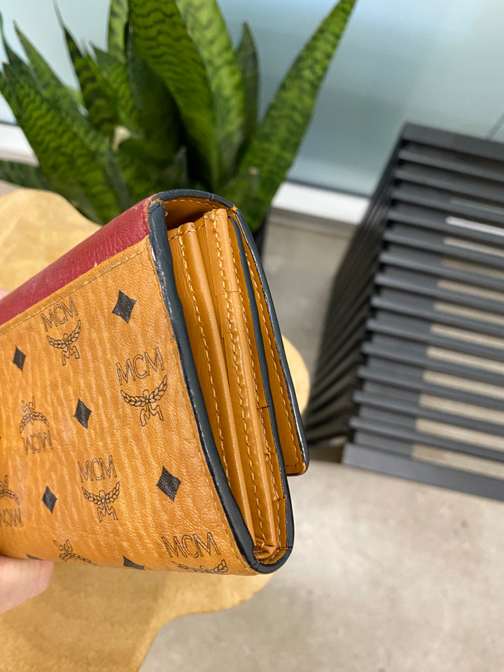 MCM Cognac Visetos and Burgundy Leather Long Wallet (7450)