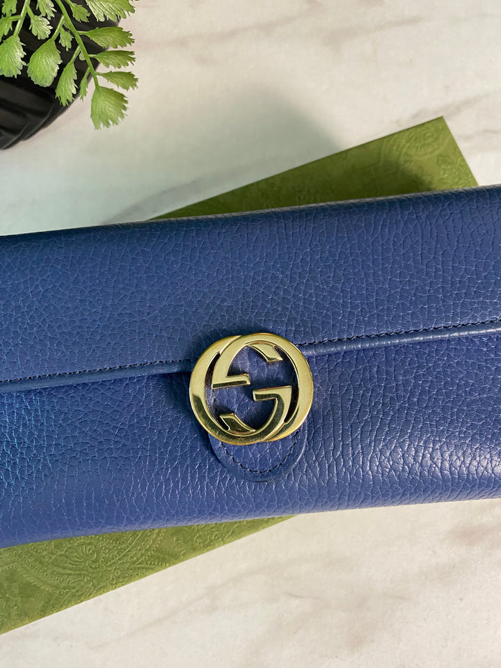 Gucci Light Blue Pebbled Leather Interlocking GG Long Wallet (9726)