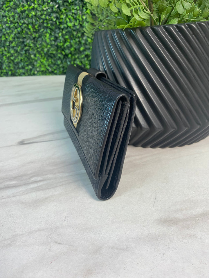 Gucci Black Leather Interlocking GG Long Wallet (8788)