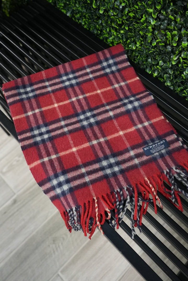 Burberry 100% Cashmere Red Check Scarf