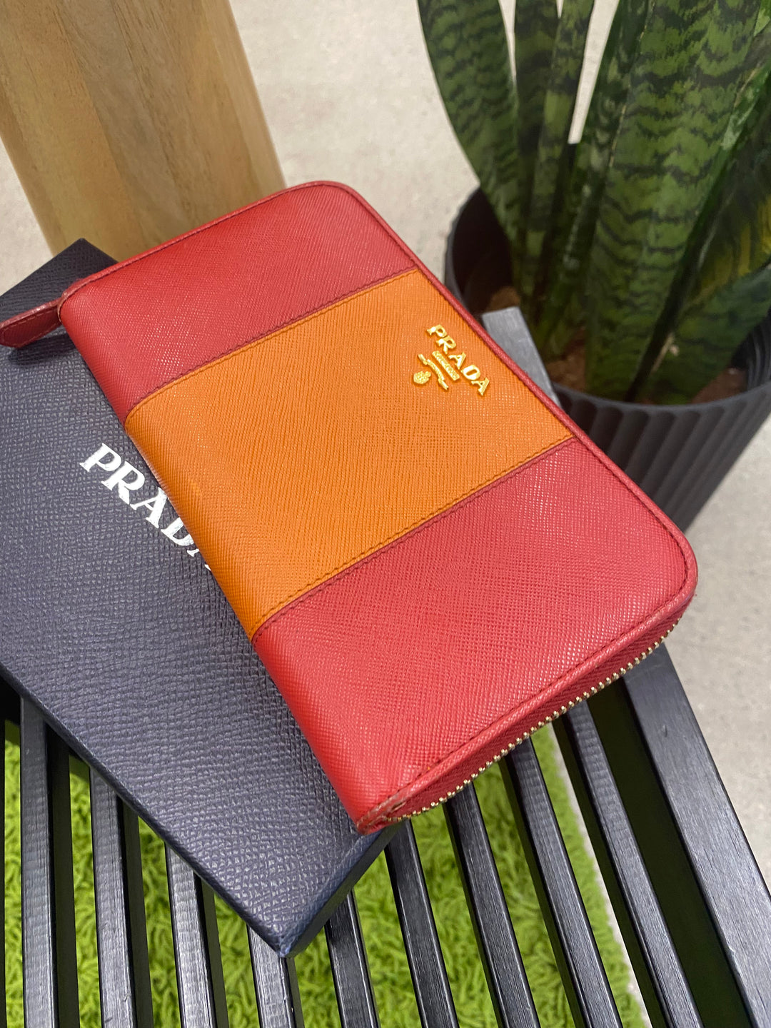 Prada Red and Orange Saffiano Zippy Wallet (8866)