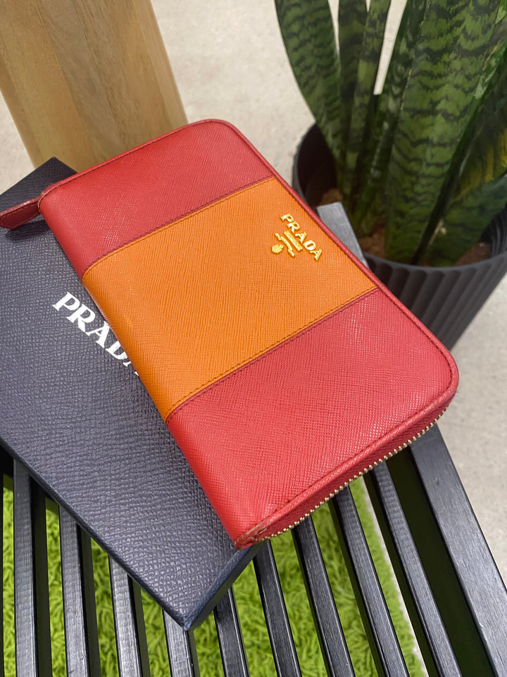 Prada Red and Orange Saffiano Zippy Wallet (8866)