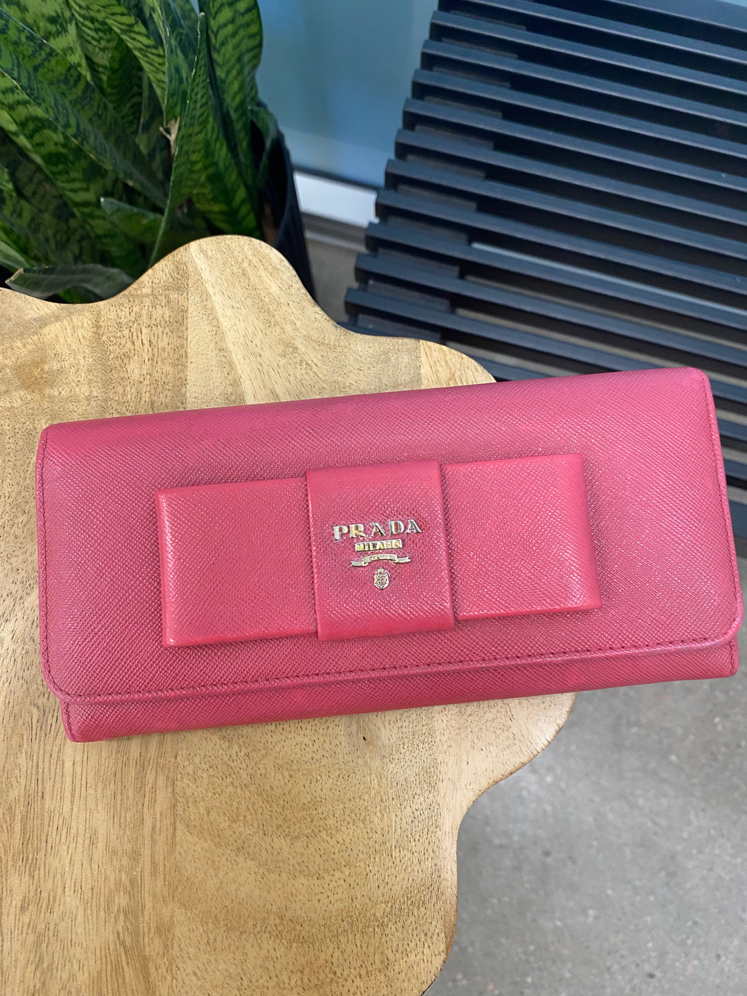 Prada Pink Saffiano Bow Long Wallet (9546)