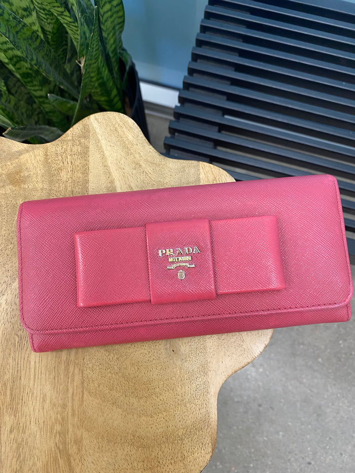 Prada Pink Saffiano Bow Long Wallet (9546)