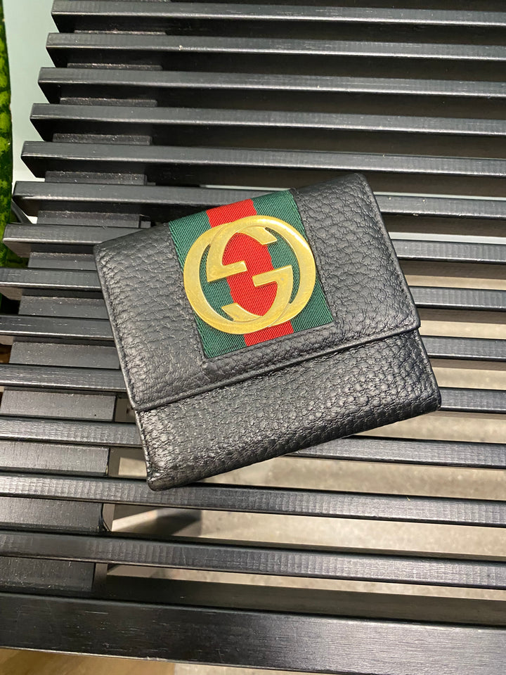 Gucci Black Leather Sherry Line Interlocking GG Compact Wallet (8380)