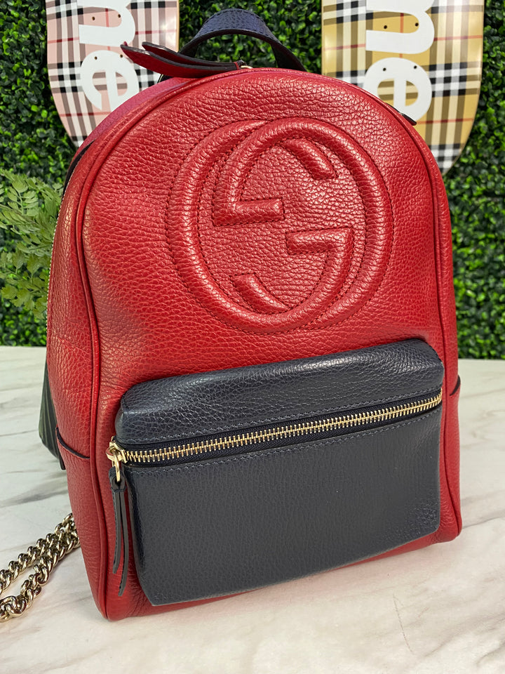 Gucci Red Pebbled Leather Soho Chain Backpack (0969)