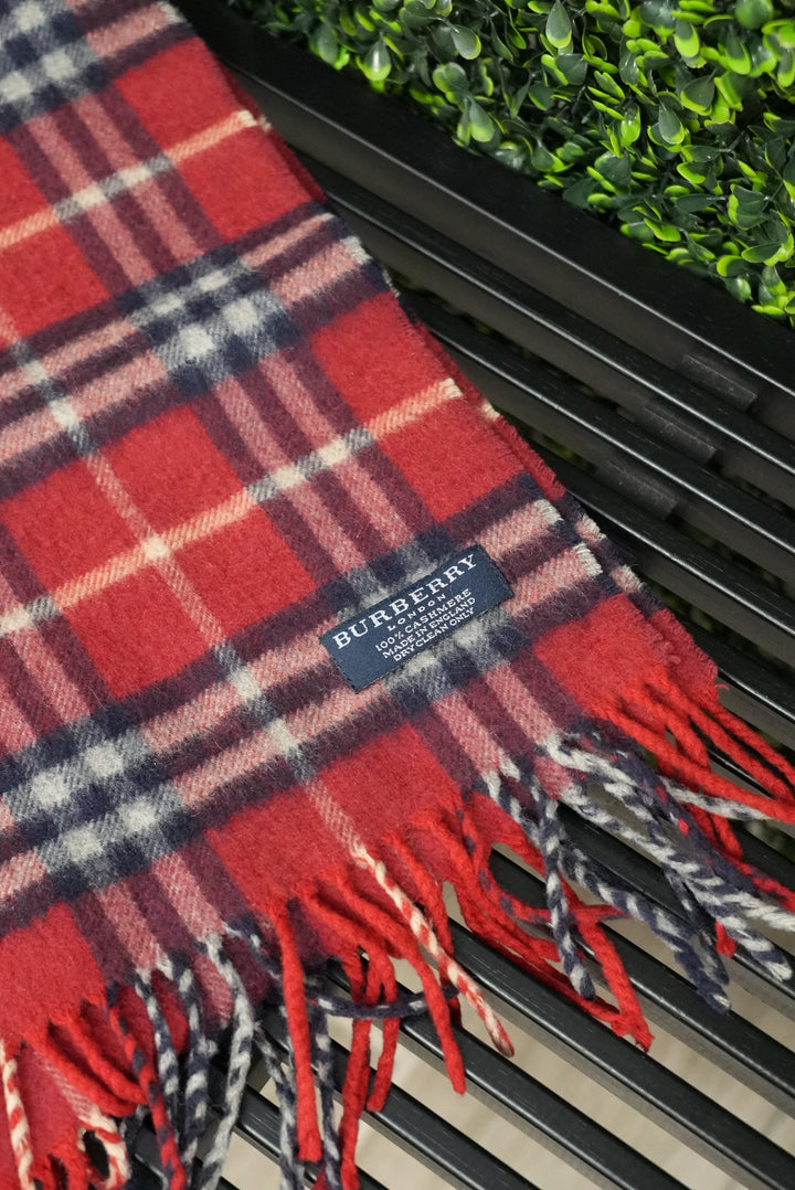 Burberry 100% Cashmere Red Check Scarf