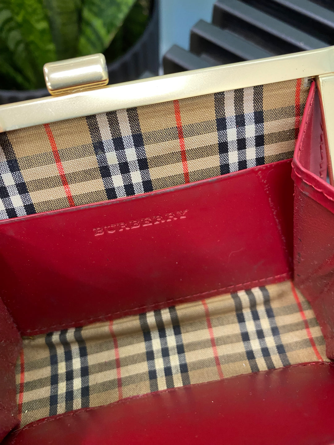 Burberry Red Leather and Novacheck Coin Case (7502)