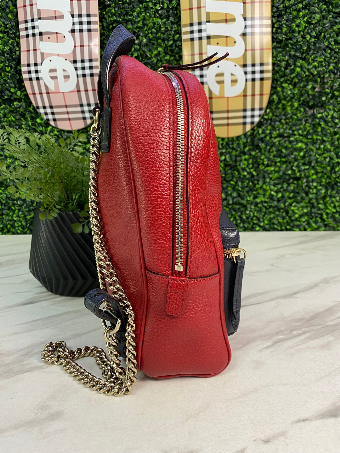 Gucci Red Pebbled Leather Soho Chain Backpack (0969)