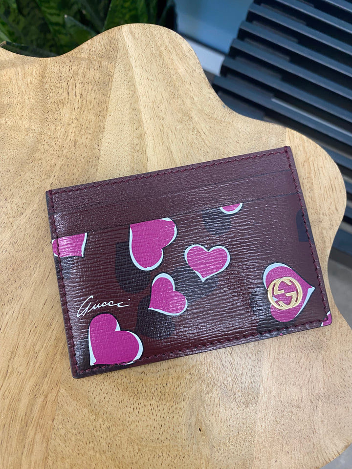 Gucci Burgundy Leather Heartbeat Print Cardholder (4029)