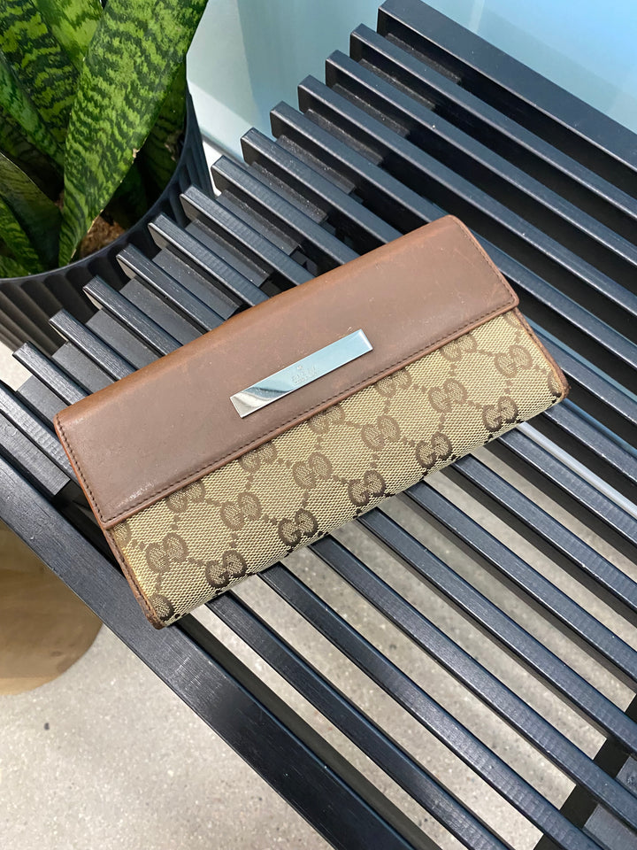 Gucci GG Canvas and Brown Leather Long Wallet (8365)