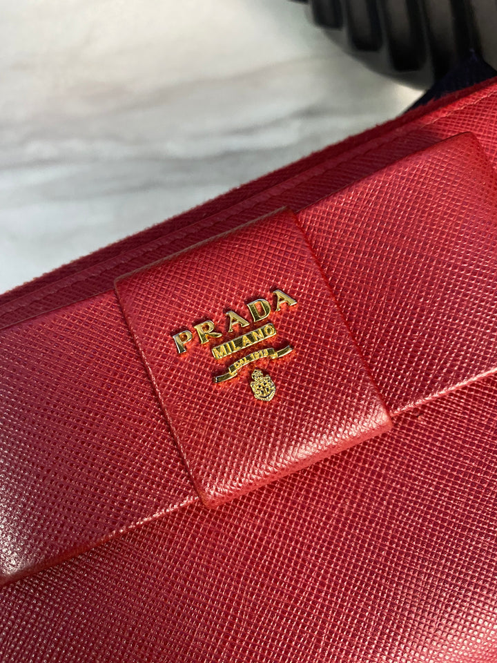 Prada Red Saffiano Bow Zippy Wallet (0958)