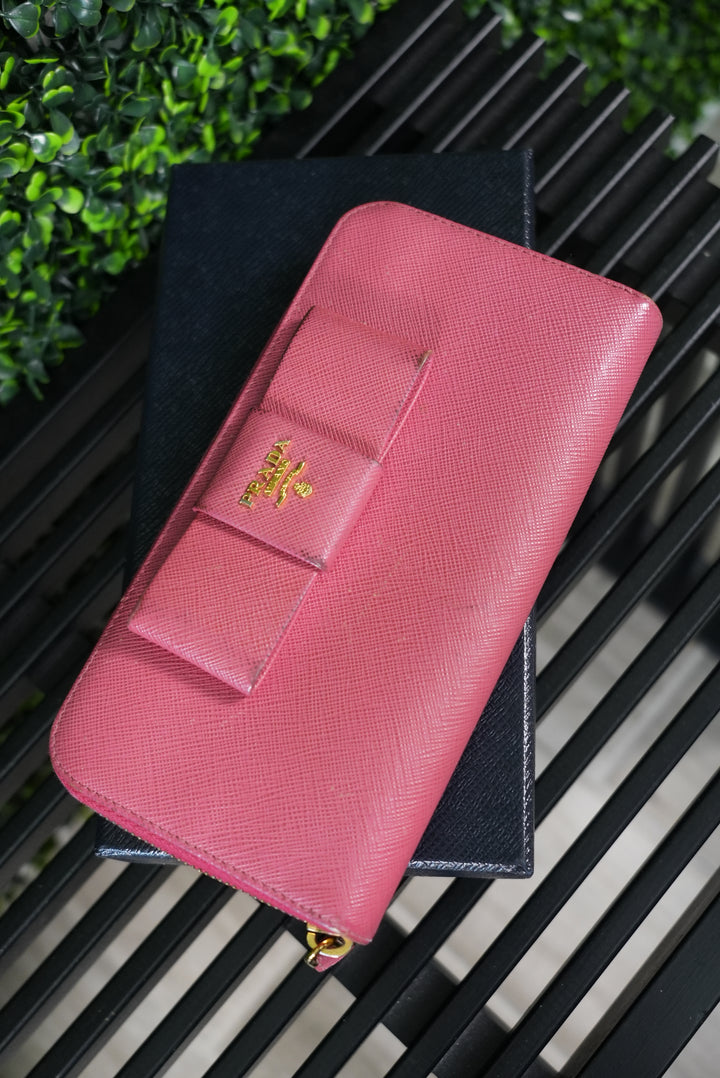 Prada Pink Saffiano Bow Long Wallet (540)