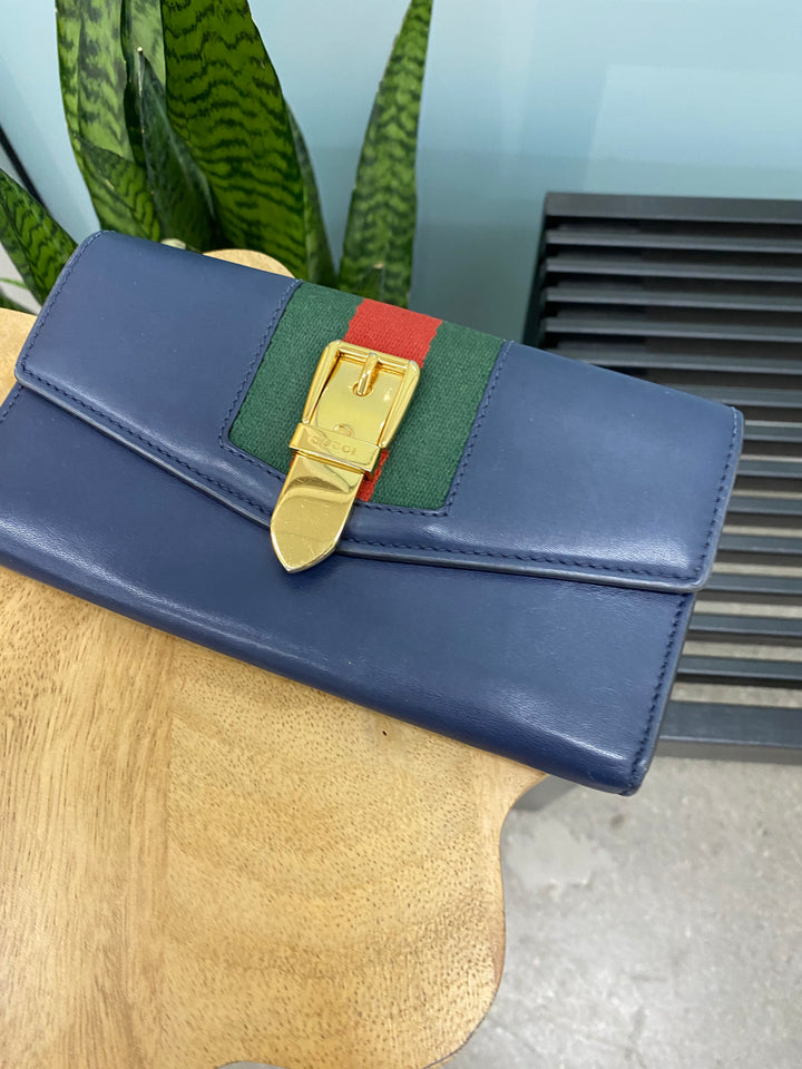 Gucci Navy Leather Sylvie Long Wallet (0107)