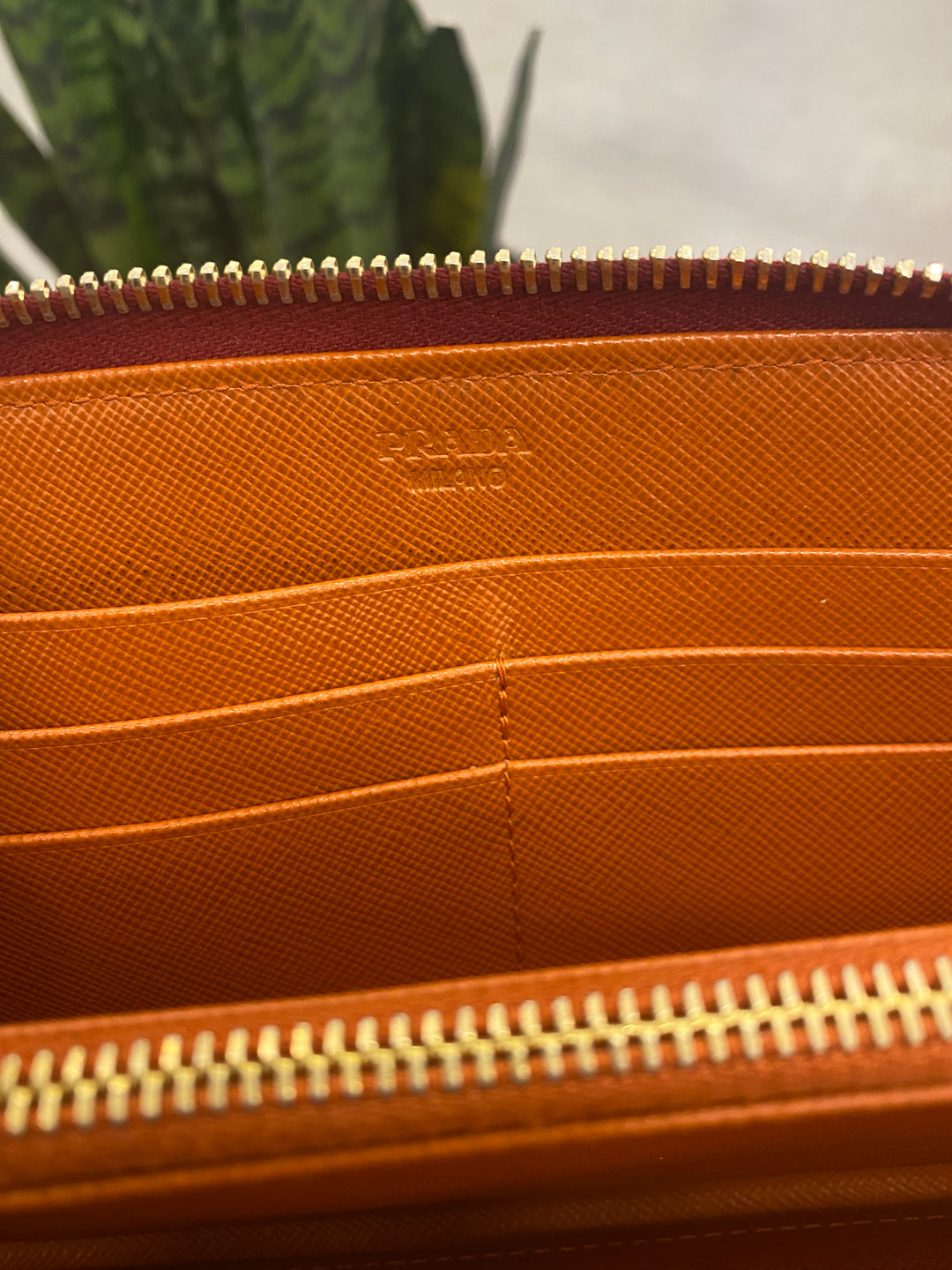 Prada Red and Orange Saffiano Zippy Wallet (8866)