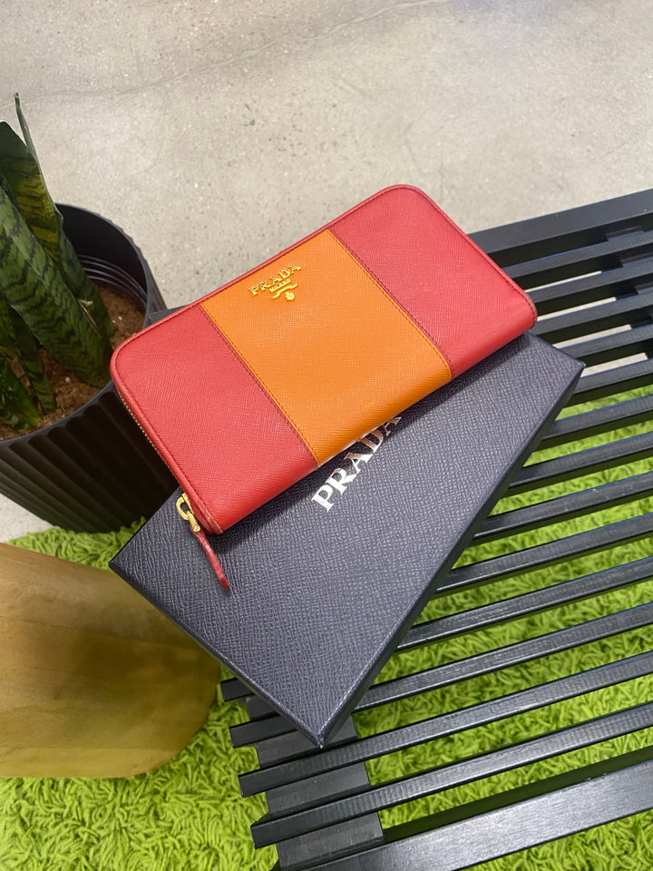 Prada Red and Orange Saffiano Zippy Wallet (8866)