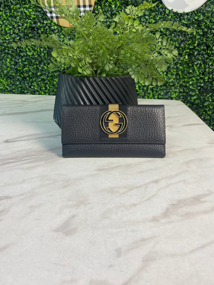 Gucci Black Leather Interlocking GG Long Wallet (8788)