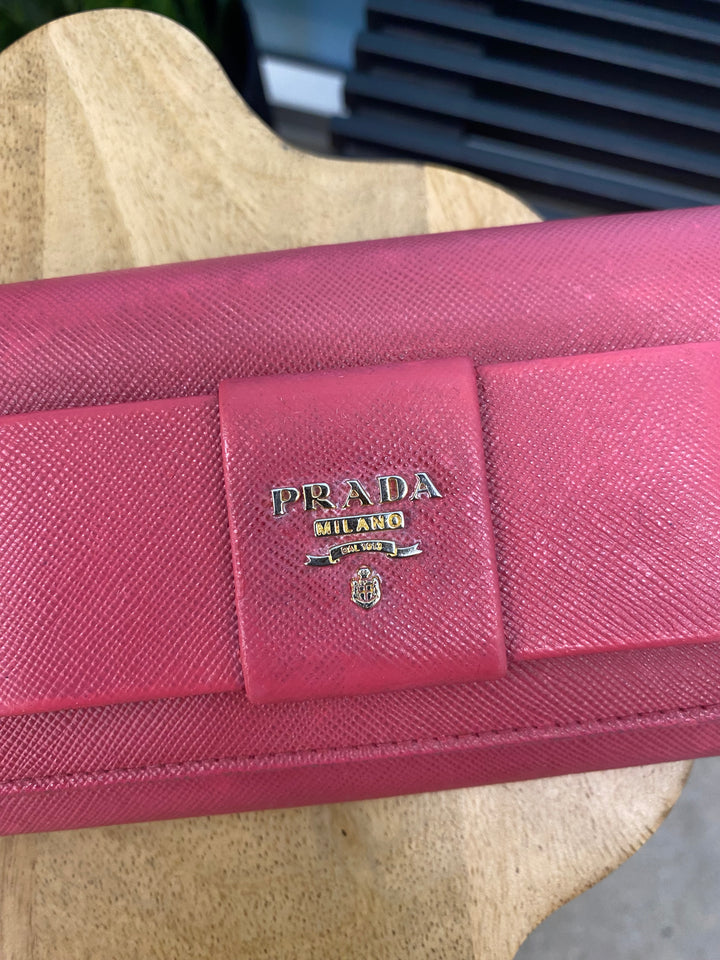 Prada Pink Saffiano Bow Long Wallet (9546)