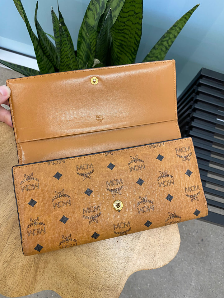 MCM Cognac Visetos and Burgundy Leather Long Wallet (7450)