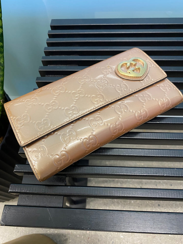 Gucci Rose Gold Patent Guccissima Long Wallet (0240)