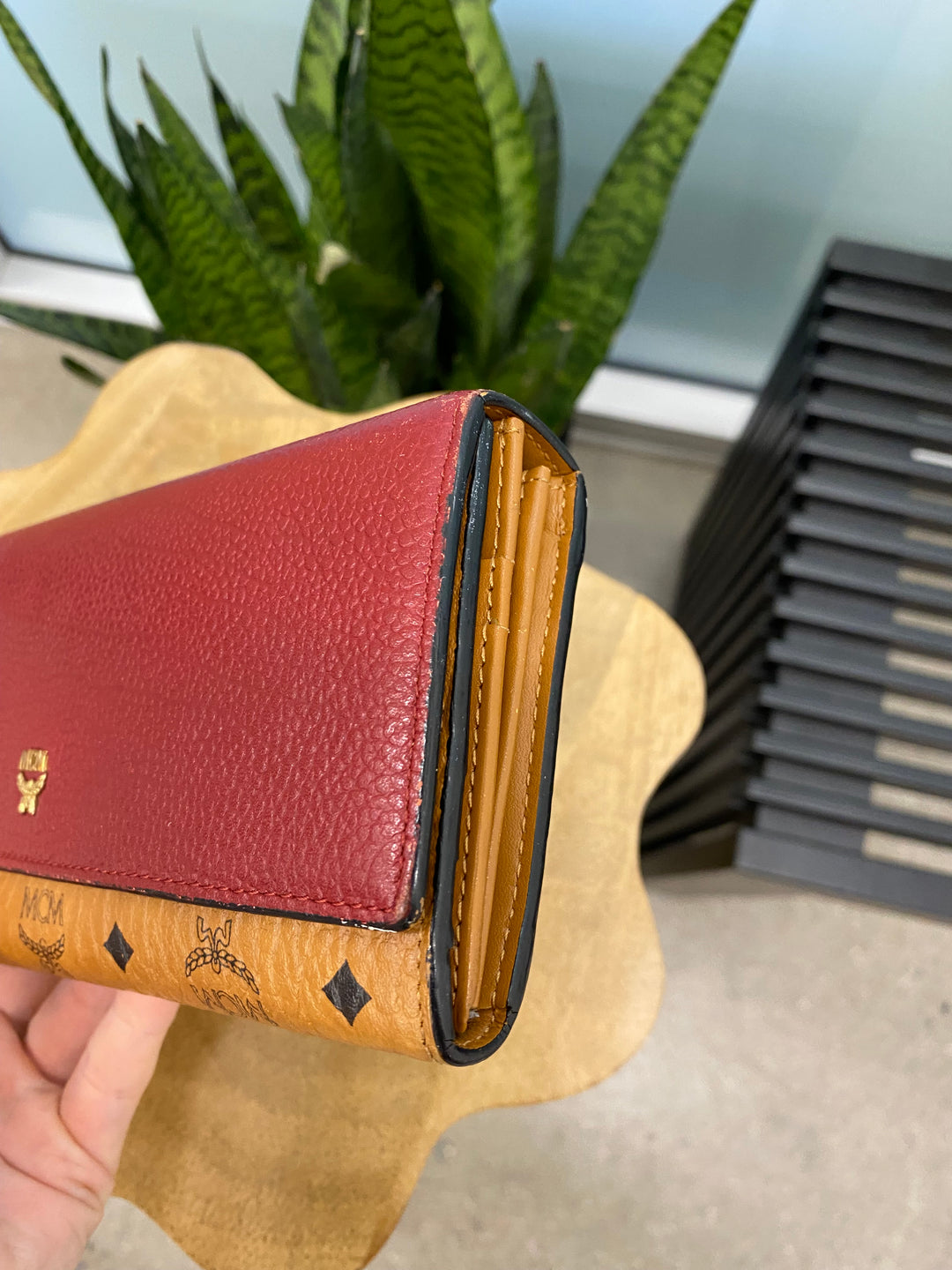 MCM Cognac Visetos and Burgundy Leather Long Wallet (7450)