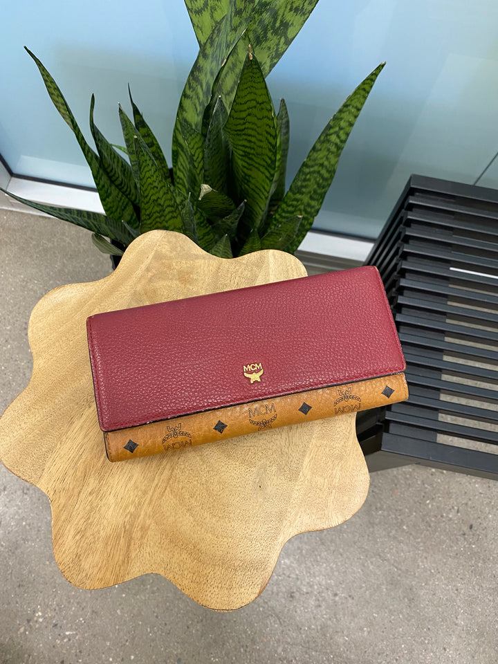 MCM Cognac Visetos and Burgundy Leather Long Wallet (7450)