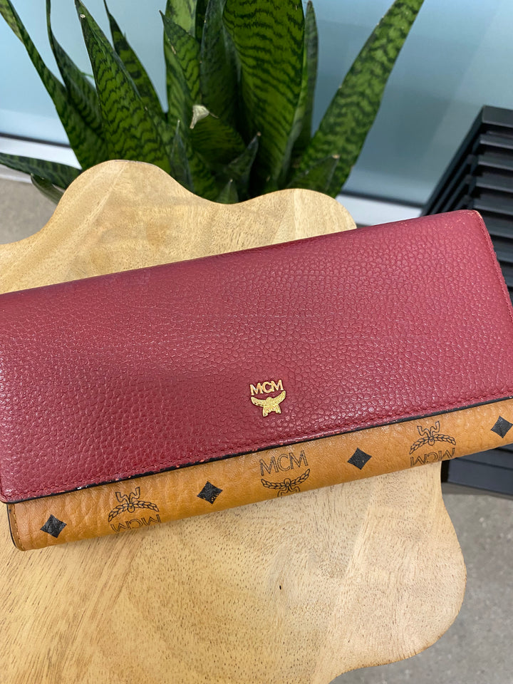 MCM Cognac Visetos and Burgundy Leather Long Wallet (7450)