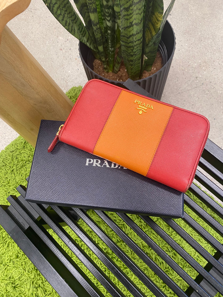 Prada Red and Orange Saffiano Zippy Wallet (8866)