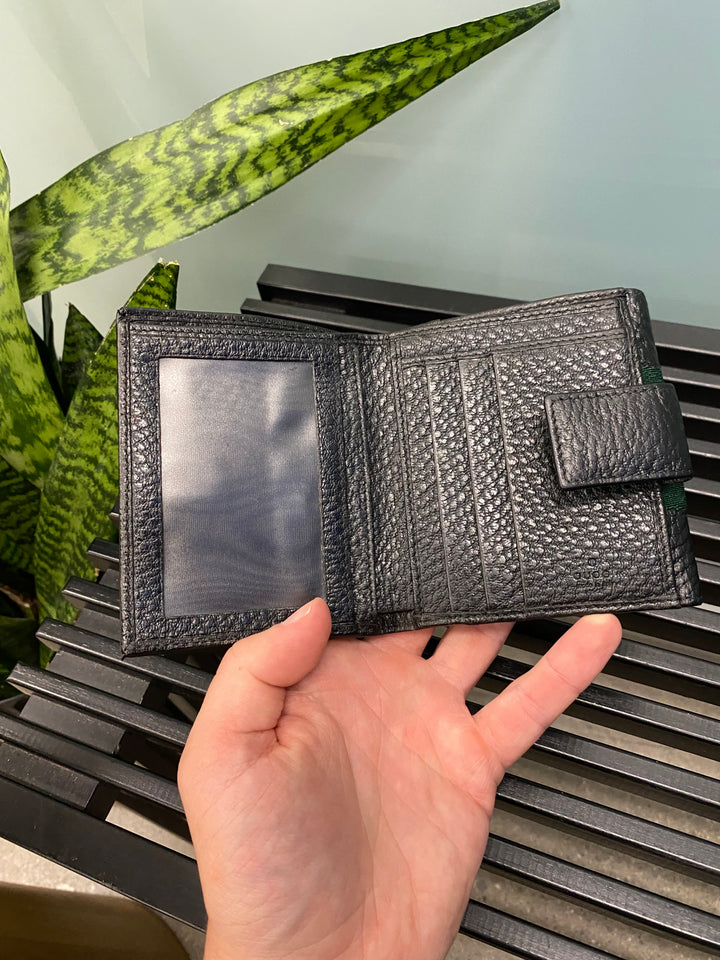 Gucci Black Leather Sherry Line Interlocking GG Compact Wallet (8380)