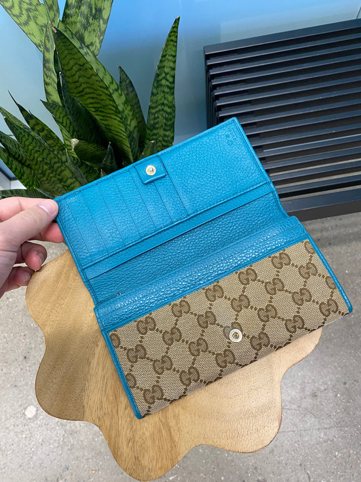 Gucci GG Canvas and Turquoise Long Wallet (5288)