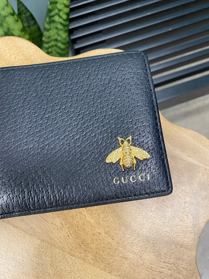 Gucci Black Pebbled Leather Bee Billfold Wallet (8458)