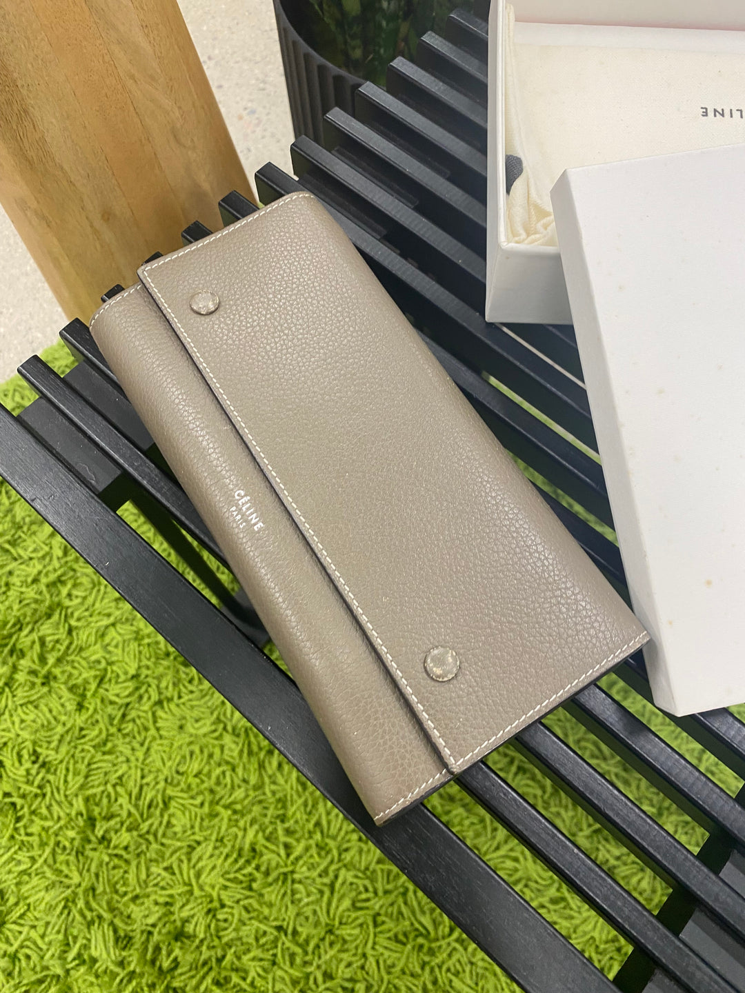 Celine Grey Leather Double Snap Long Wallet (3354)
