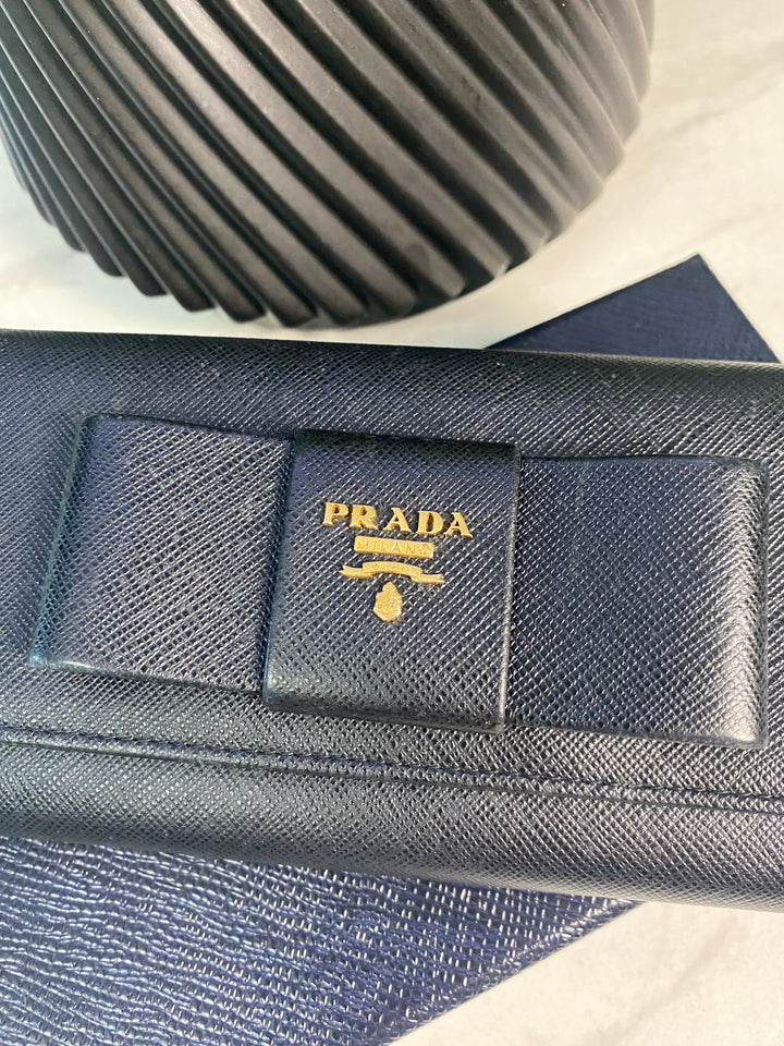 Prada Black Saffiano Bow Long Wallet (9585)