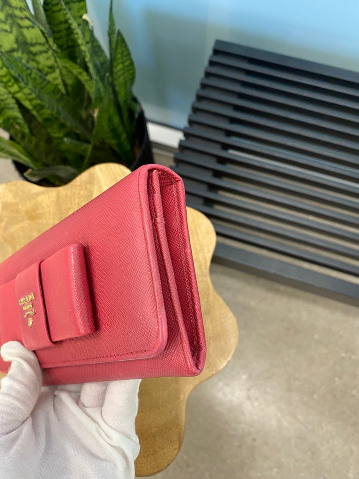 Prada Pink Saffiano Bow Long Wallet (9546)