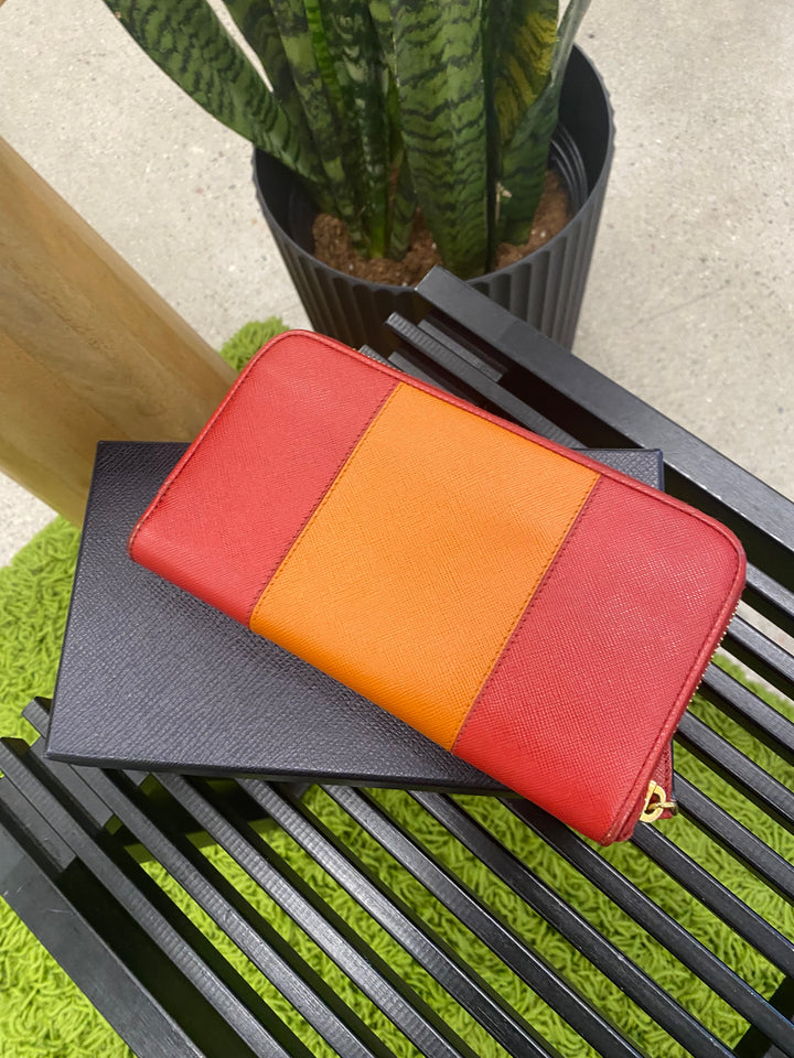 Prada Red and Orange Saffiano Zippy Wallet (8866)