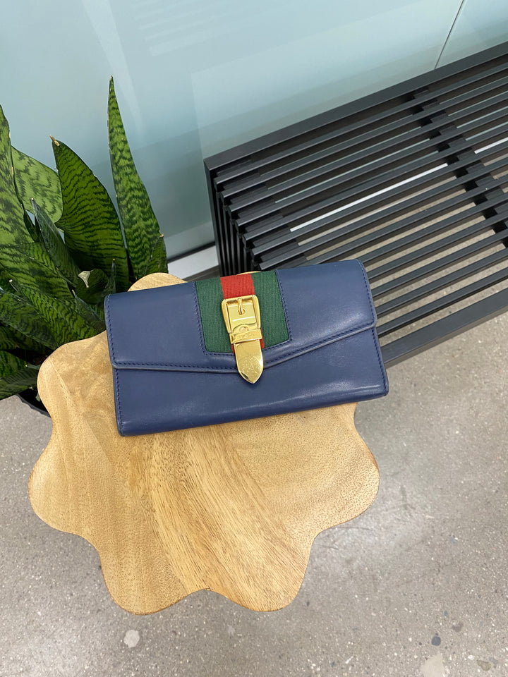 Gucci Navy Leather Sylvie Long Wallet (0107)
