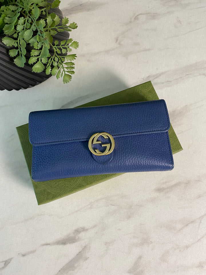 Gucci Light Blue Pebbled Leather Interlocking GG Long Wallet (9726)