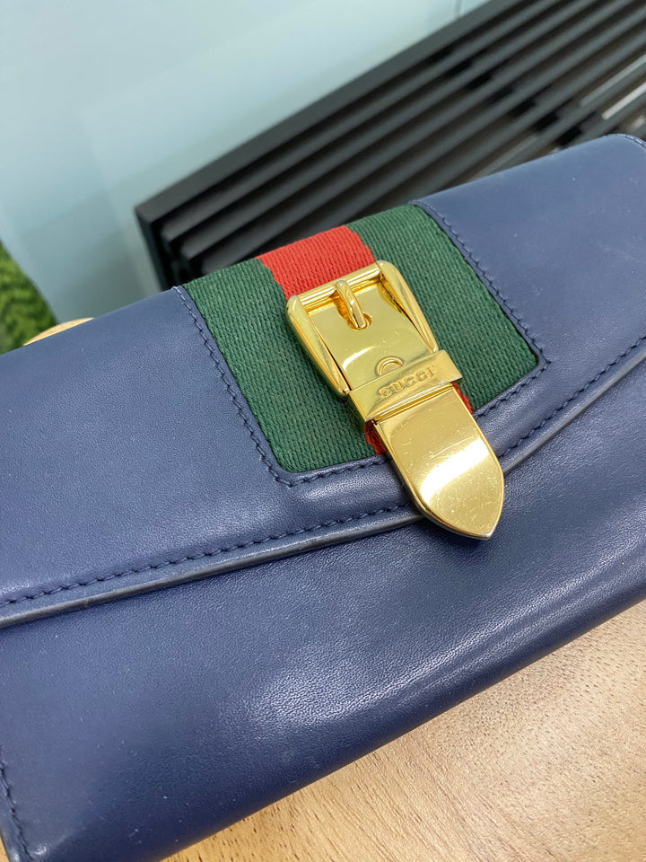 Gucci Navy Leather Sylvie Long Wallet (0107)