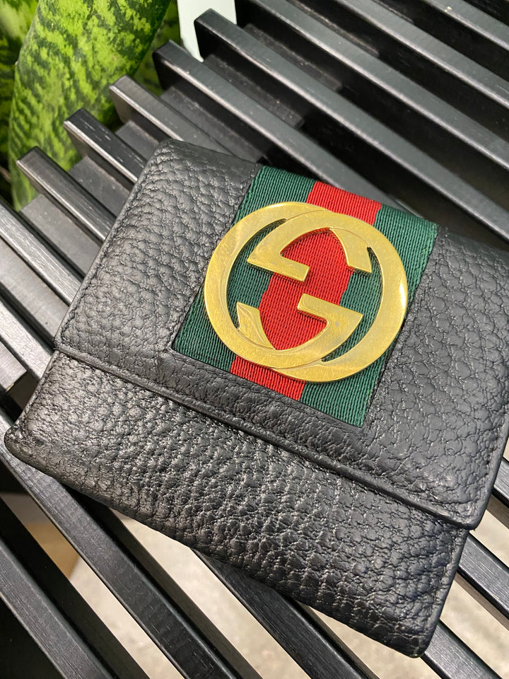 Gucci Black Leather Sherry Line Interlocking GG Compact Wallet (8380)
