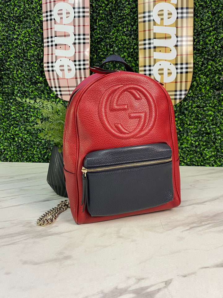 Gucci Red Pebbled Leather Soho Chain Backpack (0969)