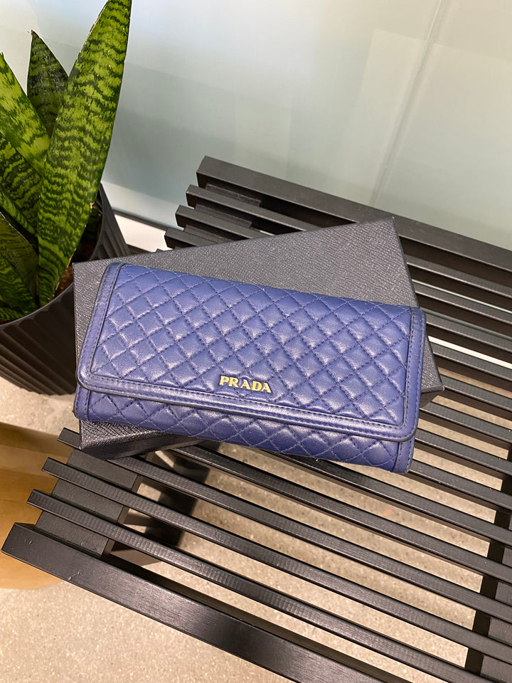 Prada Navy Quilted Leather Long Wallet (9531)