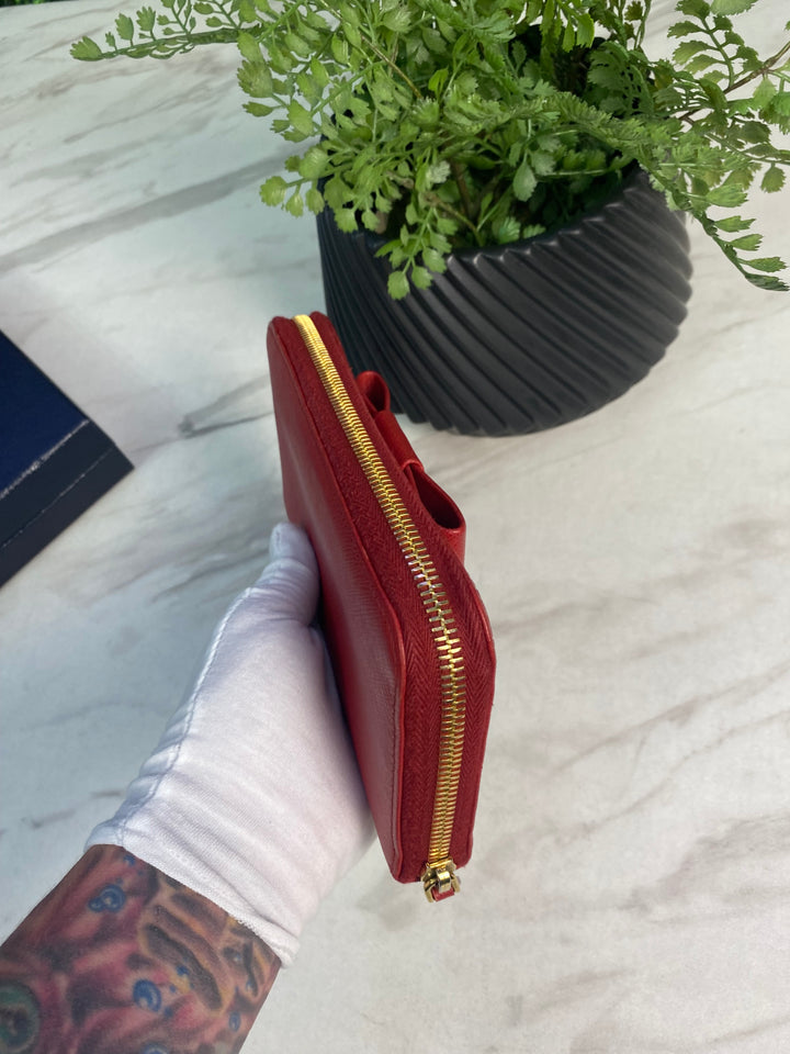 Prada Red Saffiano Bow Zippy Wallet (0958)