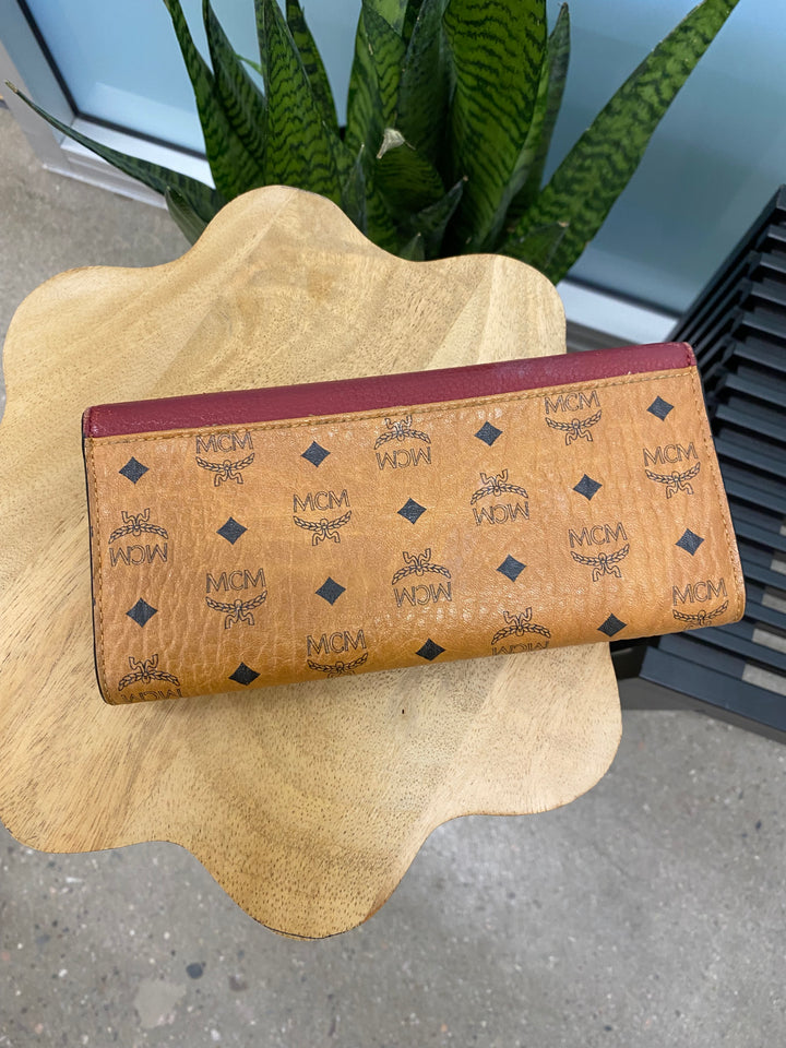 MCM Cognac Visetos and Burgundy Leather Long Wallet (7450)